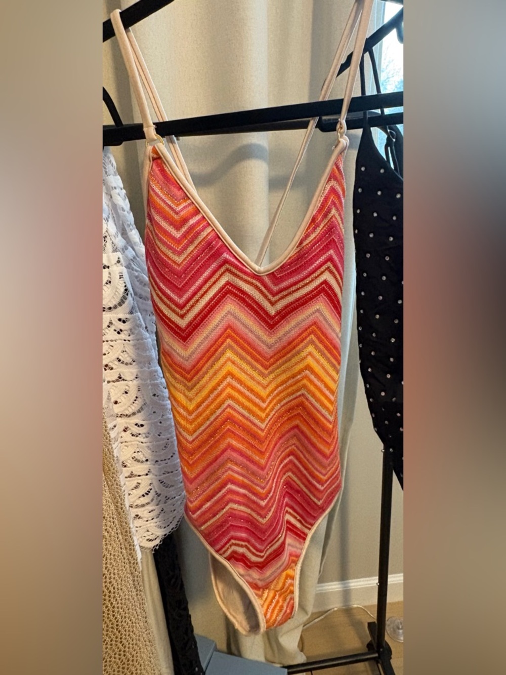 PQ Swim Multicolor Chevron One-Piece Swimsuit — Pink, Orange, Yellow - NWT - L